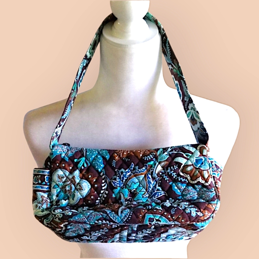 Vera Bradley Java Blue Quilted Small Shoulder Bag, Teal and Brown Paisley